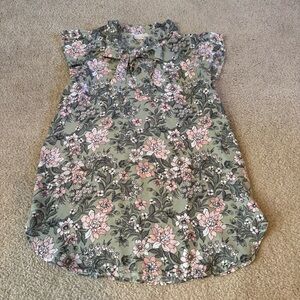 LOFT Green Pastel Floral Print Ruffle Sleeve Bow Tie Neck Tank Blouse